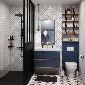 meuble salle de bains esquisse petite bordelaise bleu et bois