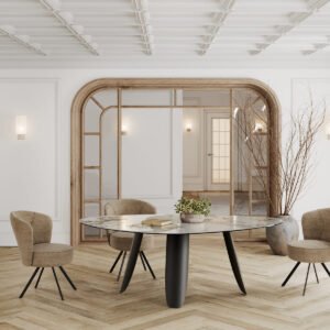 table pétale bonifacio grand modèle plateau céramique effet marbre pieds acier noir